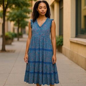 J. Jill Coastal Ruffles Sleeveless Midi Dress Blue Paisley Floral